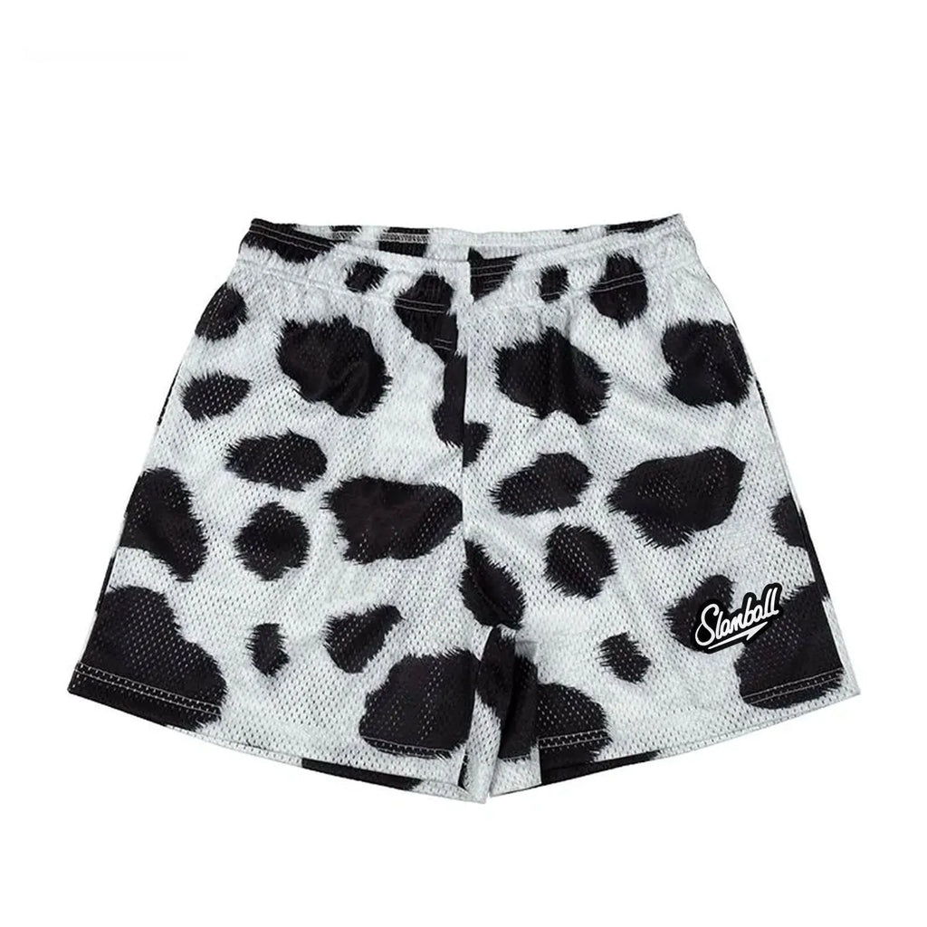 Men's leopard print quick-dry fitness shorts with mid waist and athletic cut