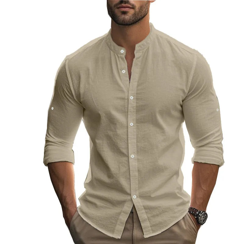 Men's long sleeve standing collar slim fit casual cotton shirt in five colours