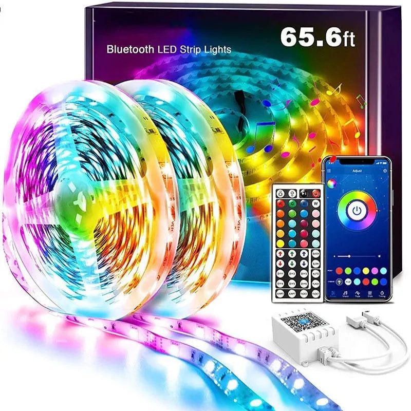 Bluetooth-controlled RGB LED strip light with 44-key remote, IP65 waterproof option, 12V operation