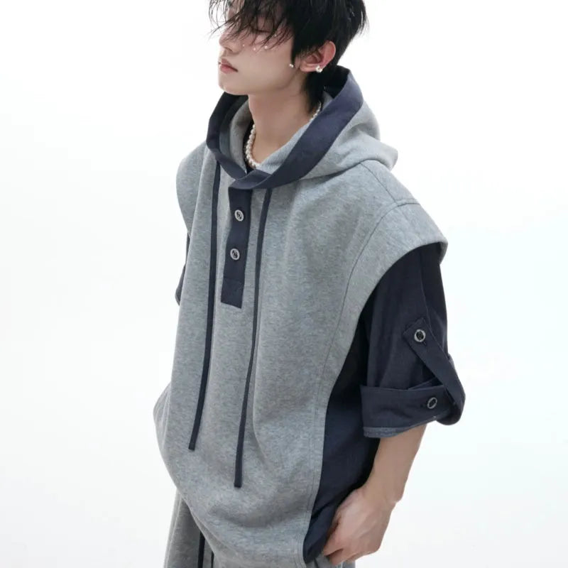Men's black polyester hooded short sleeve jacket and trousers with three-dimensional stitching