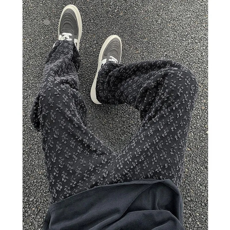 Black jacquard full-print denim jeans for men, casual streetwear long pants with button fly