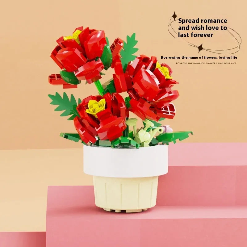 Micro diamond particle potted building blocks set in Smile to the Sun flower design, displayed in colour box packaging