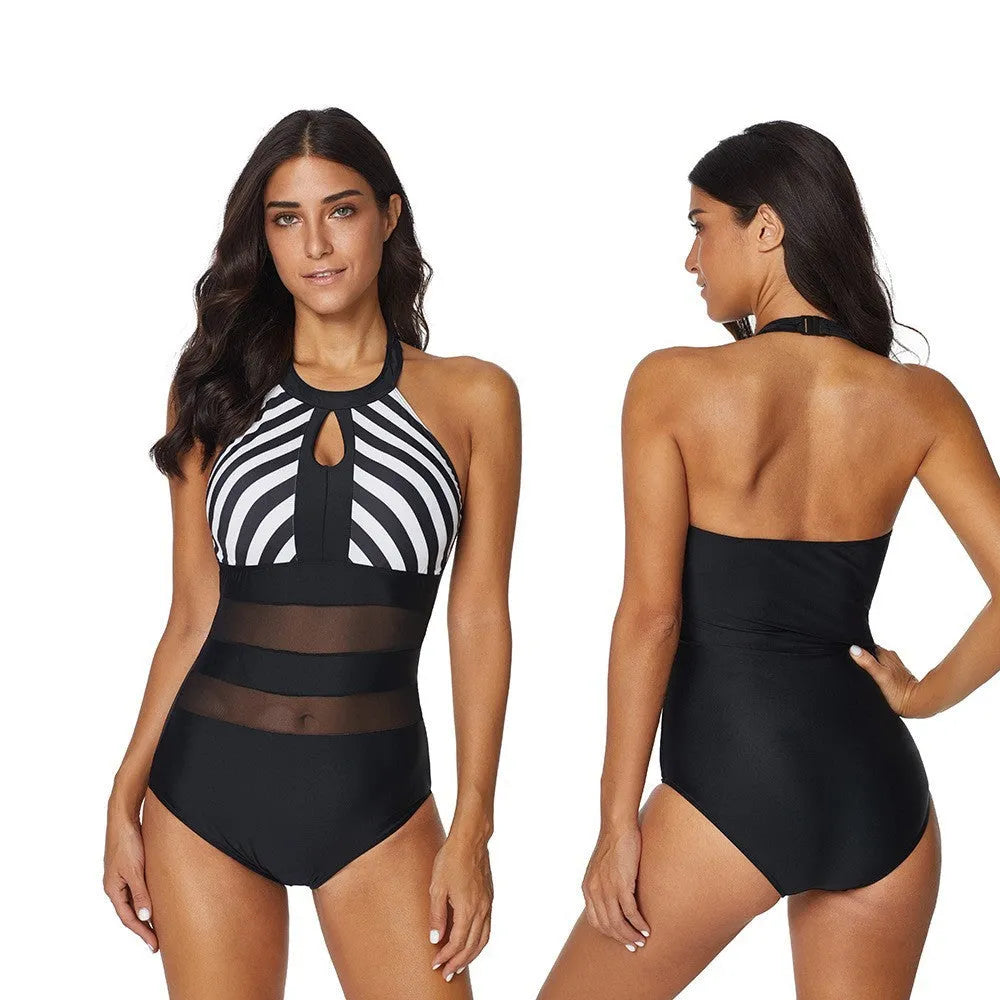 Backless striped stitching one-piece swimsuit for women, plus size option, black polyester swimming and wading swimwear