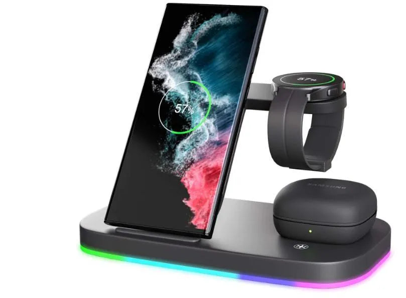 Vertical 3-in-1 wireless charging dock for mobile phone, smartwatch and headphones with 15W fast charging