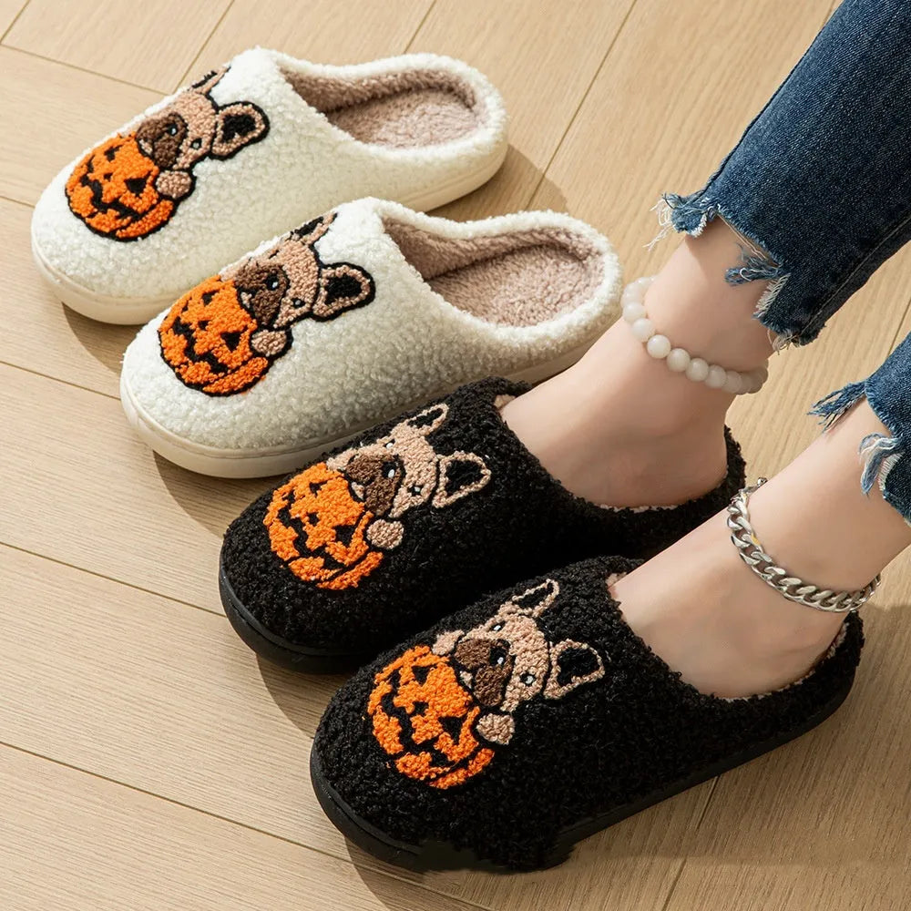 Halloween pumpkin pattern house slippers with plush material and non-slip rubber soles