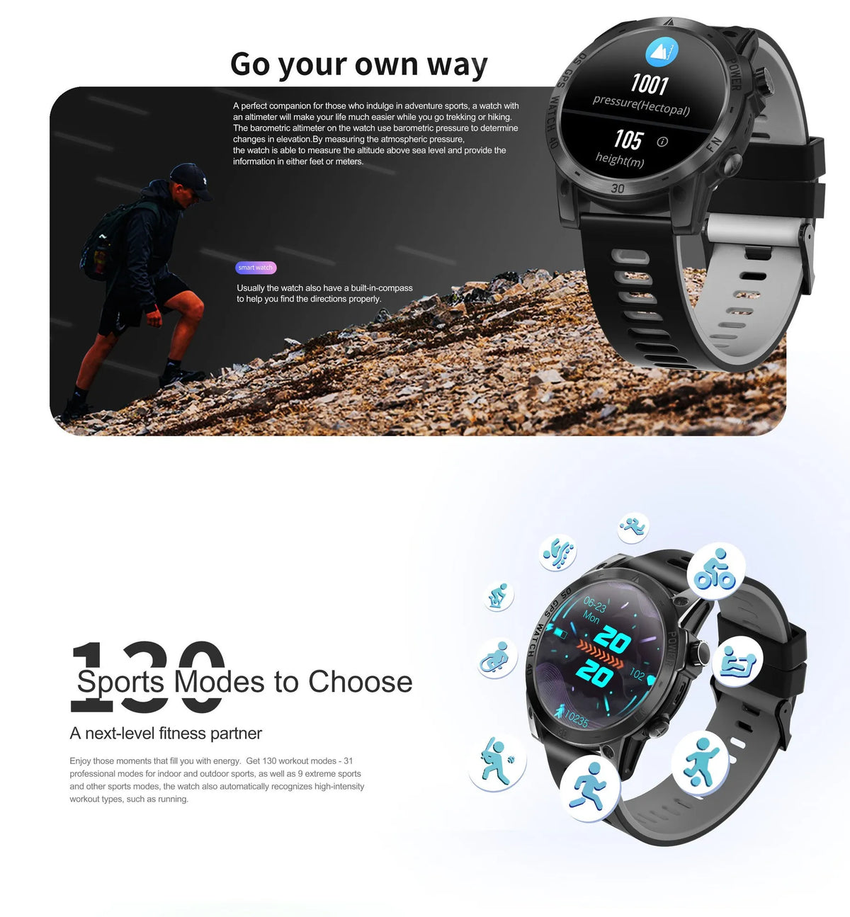 GPS outdoor sports watch black 1.43 inch AMOLED touch screen on wrist