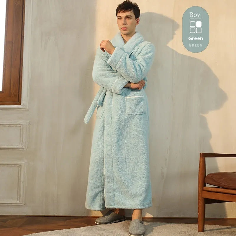 Super thick flannel couple's bathrobe in navy blue, shown on a hanger.