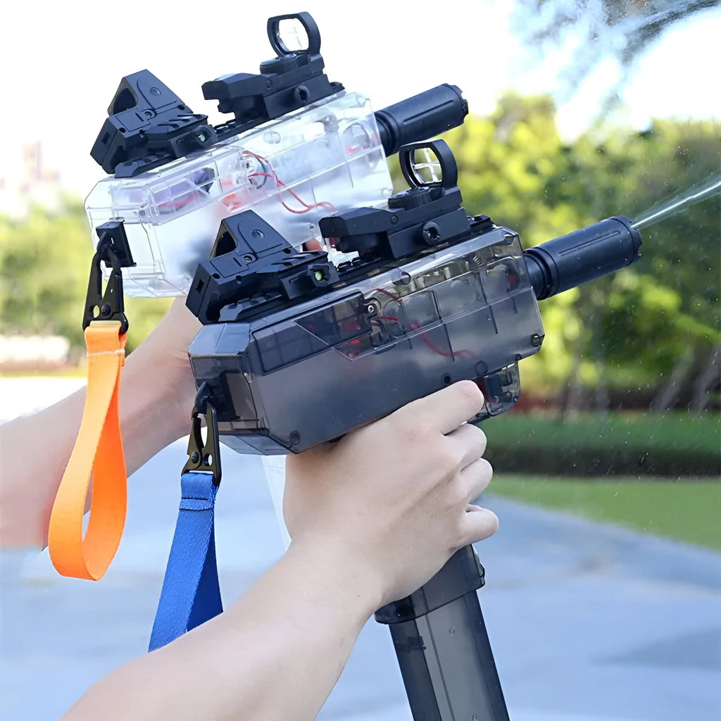 Uzi Electric Burst Water Gun toy in blue with transparent body and tactical sights