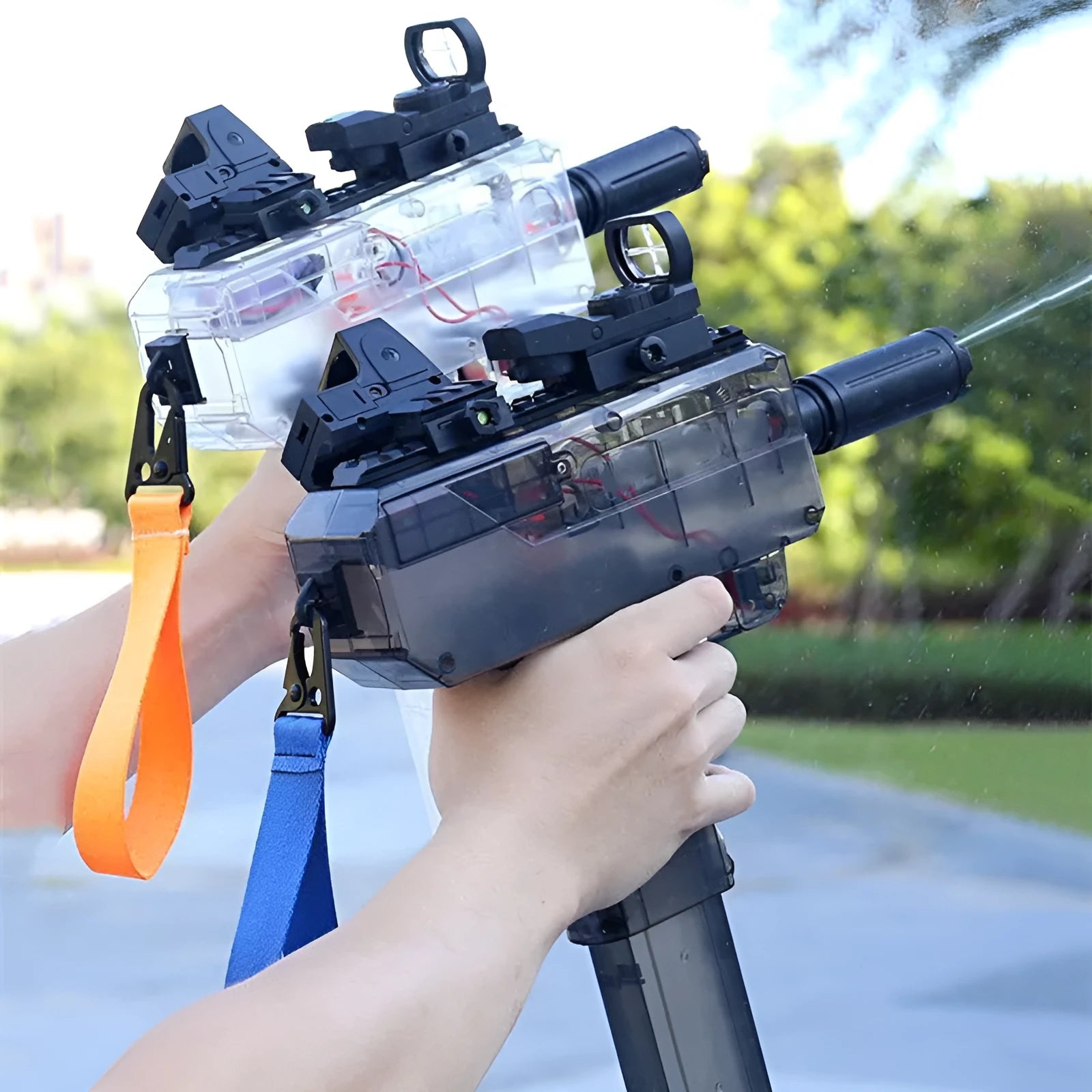 Uzi Electric Burst Water Gun toy in blue with transparent body and tactical sights