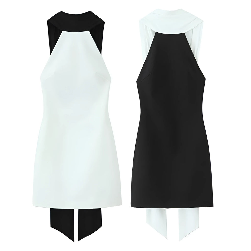 Slim-fitting patchwork short halter dress in black with high waist and asymmetric skirt, polyester fabric, long length