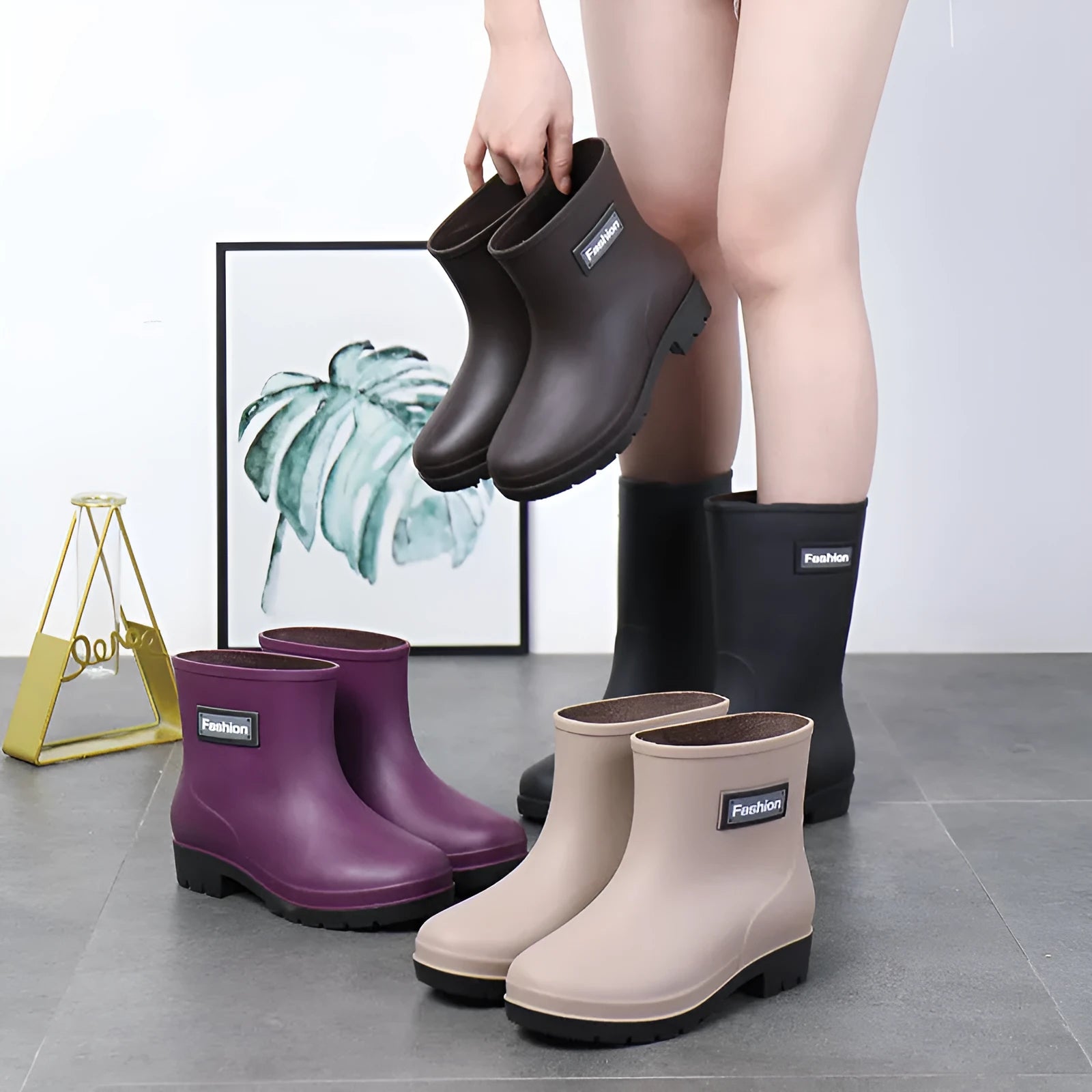 Women's mid-calf PVC rain boots in apricot colour with a low heel for wet weather.
