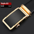 Men's leather belt with an automatic alloy buckle in gun black, silver, or gold colour options.