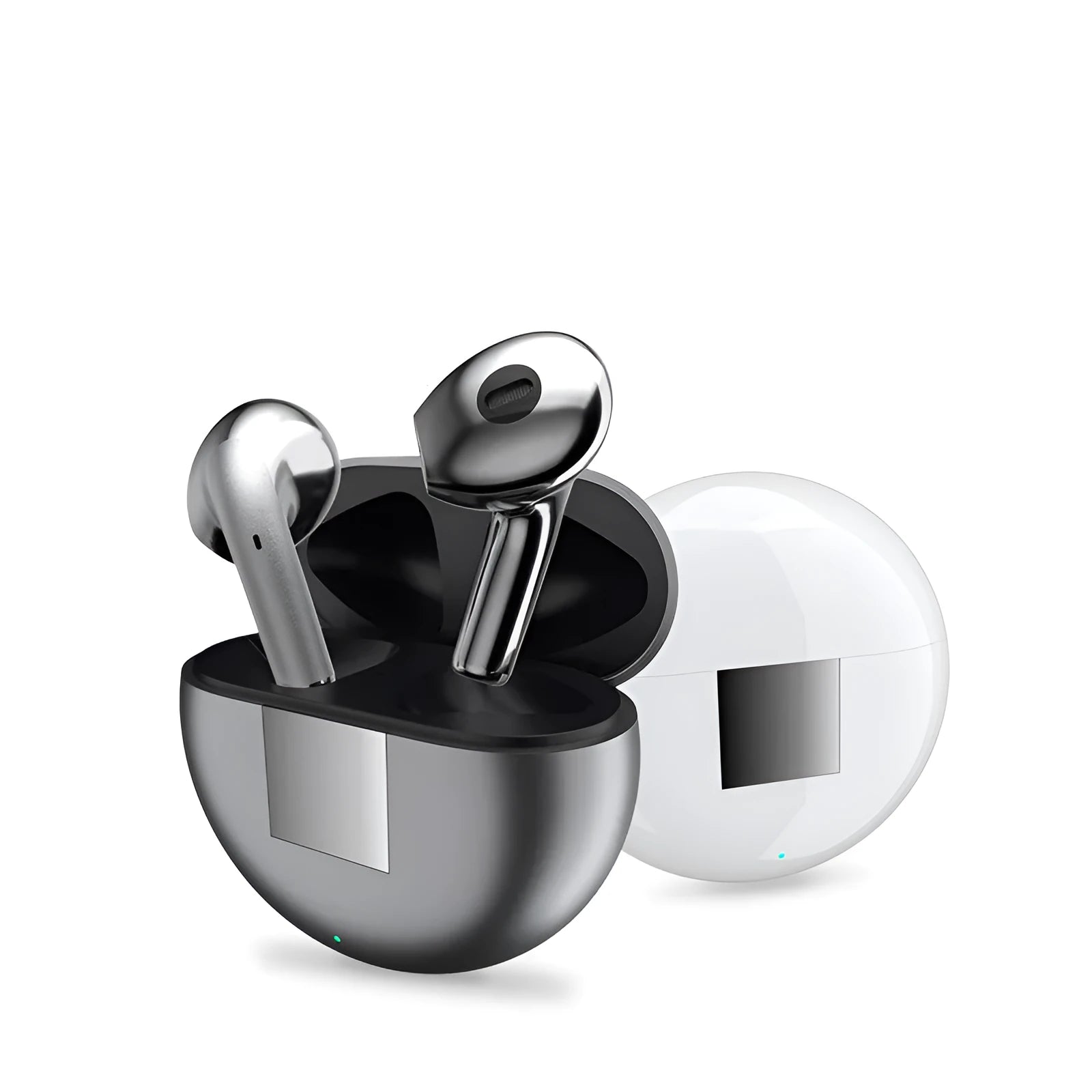 White Budz5 wireless Bluetooth earbuds with charging case on a table.