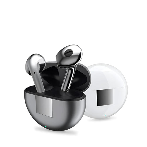 White Budz5 wireless Bluetooth earbuds with charging case on a table.