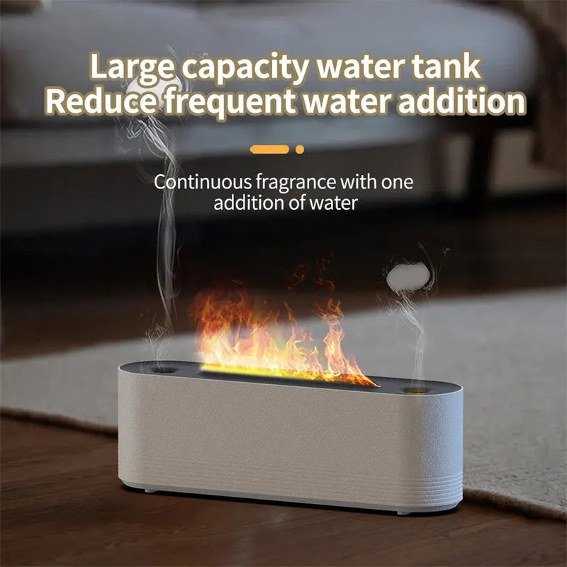 Black Flame Air ultrasonic humidifier with LED lights creating mist and flame effects on wooden surface