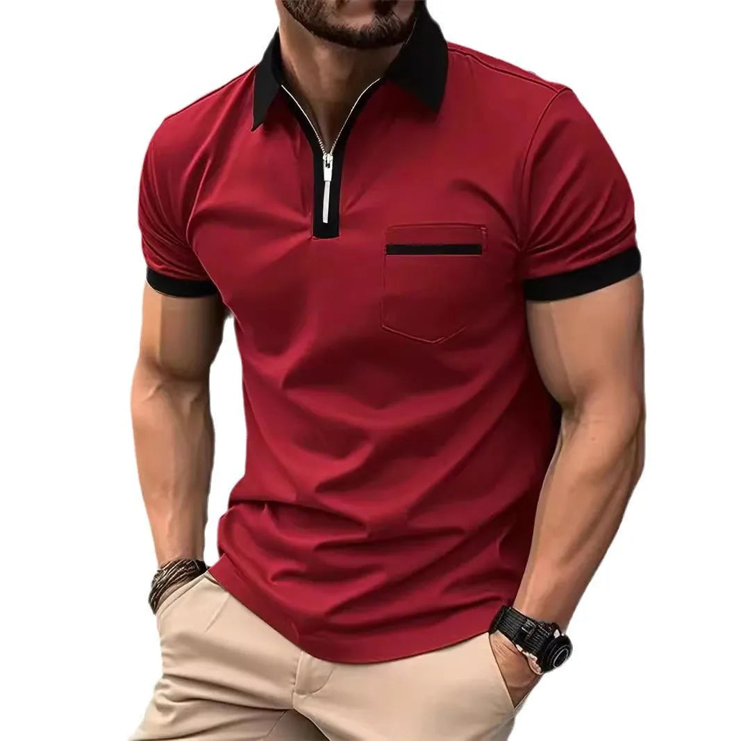 Men's casual short sleeve shirt with chest pocket and zip decoration in loose fit