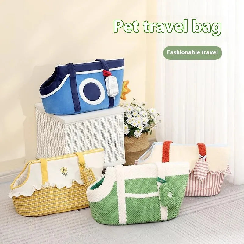 Soft plush pet carrier shoulder bag with cartoon pattern in green, red, and yellow colours