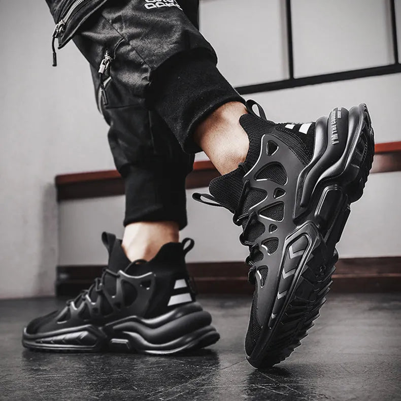 Men's black mesh and EVA sole non-slip running sneakers for gym training, side view
