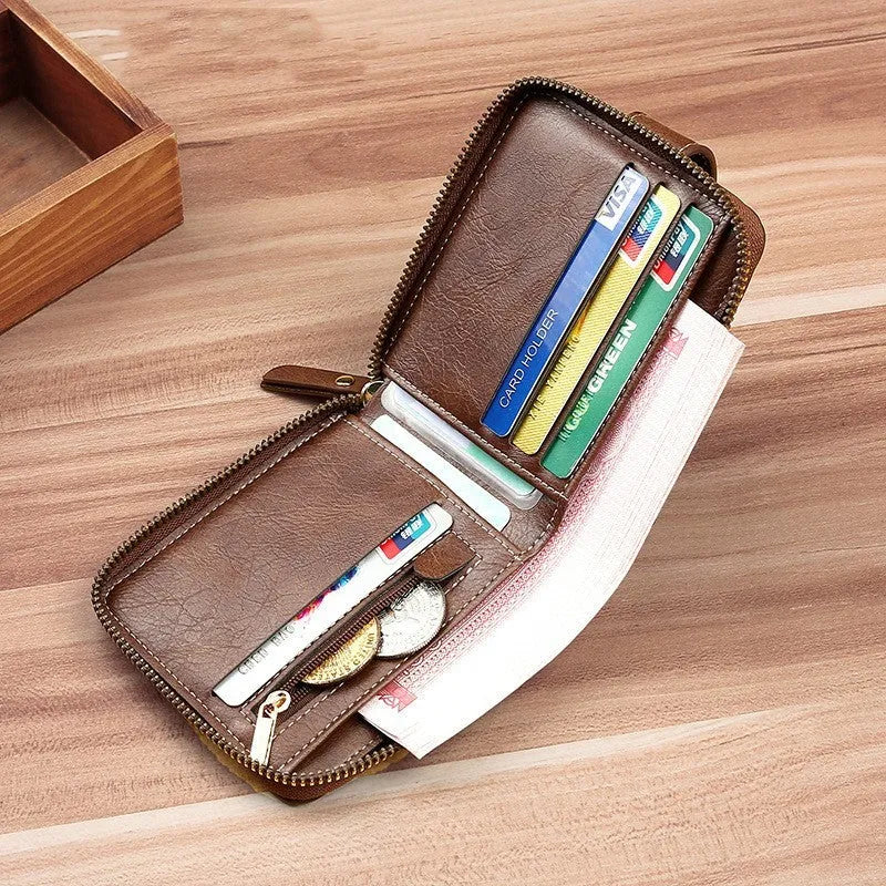 Men's short style two-fold wallet in PU leather showing light brown, black, and dark brown colour options