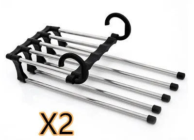 Black stainless steel five-boom trouser hanger showing level and vertical hanging options.