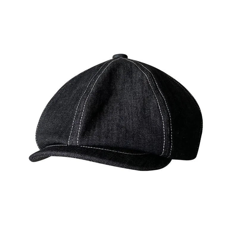 Black Japanese denim fabric beret hat shown on model, retro style unisex headwear
