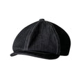 Black Japanese denim fabric beret hat shown on model, retro style unisex headwear