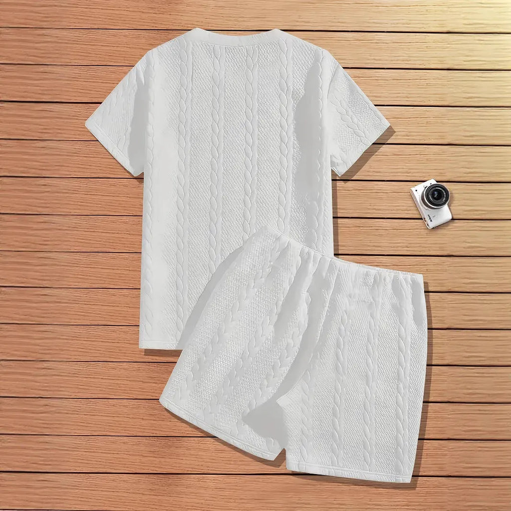 Men's black sports two-piece set with short sleeve rib T-shirt and matching shorts