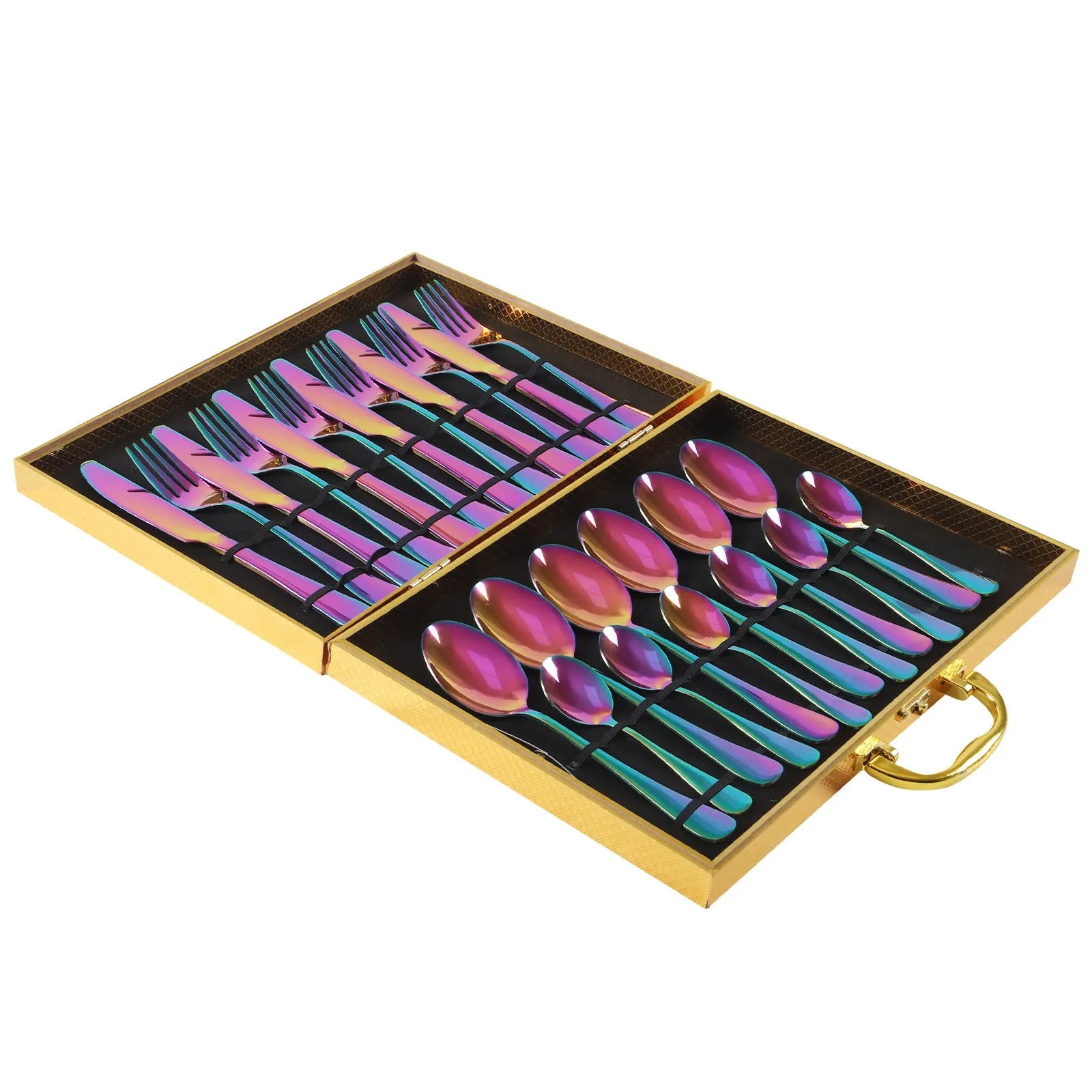 24-piece stainless steel cutlery set for six place settings showing knife, fork, and spoon options in different colour finishes.
