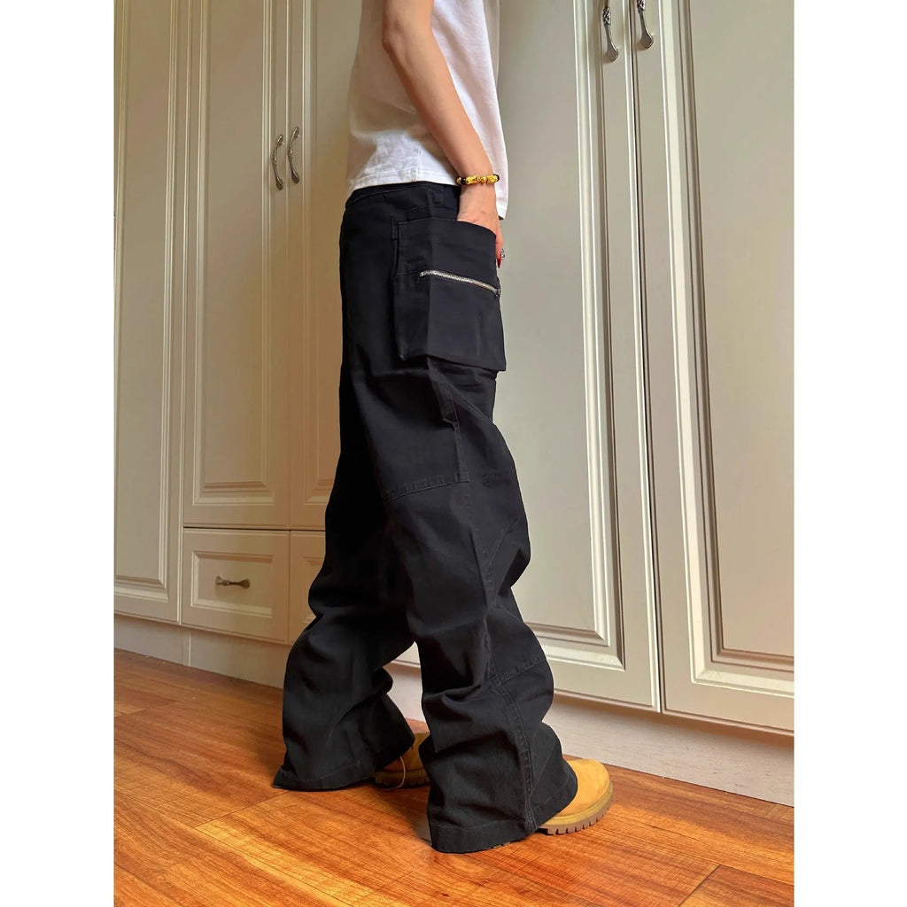 Green casual trousers with double zipper workwear design and elastic waistband