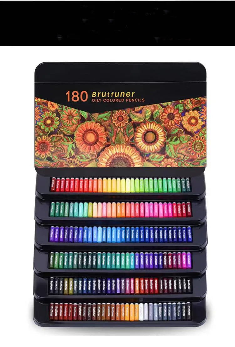 Metal tin box open to show a rainbow assortment of oily colour pencils with wooden barrels.
