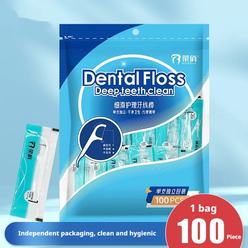 Independently packaged dental floss in portable plastic bag with high tensile strength