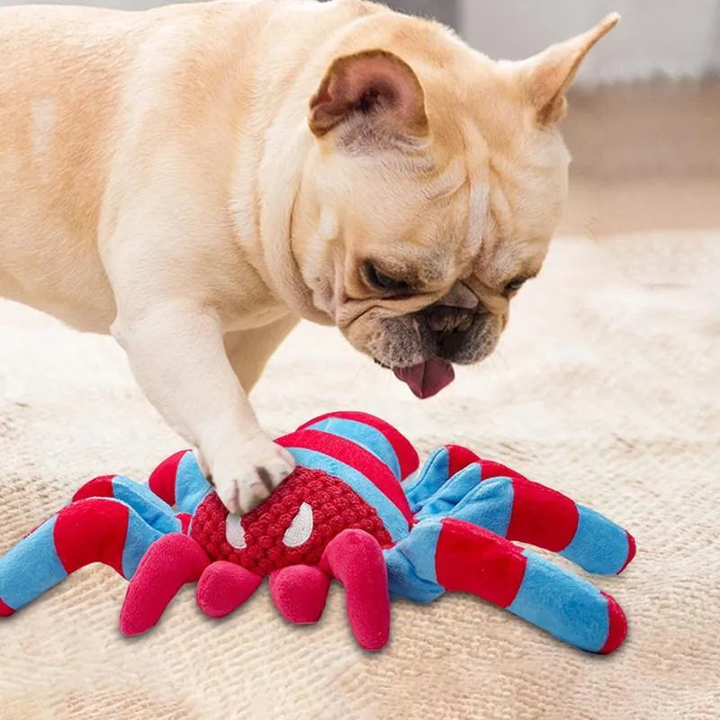 Red soft plush dog toy with squeaker for medium and large breed chewing and interactive play
