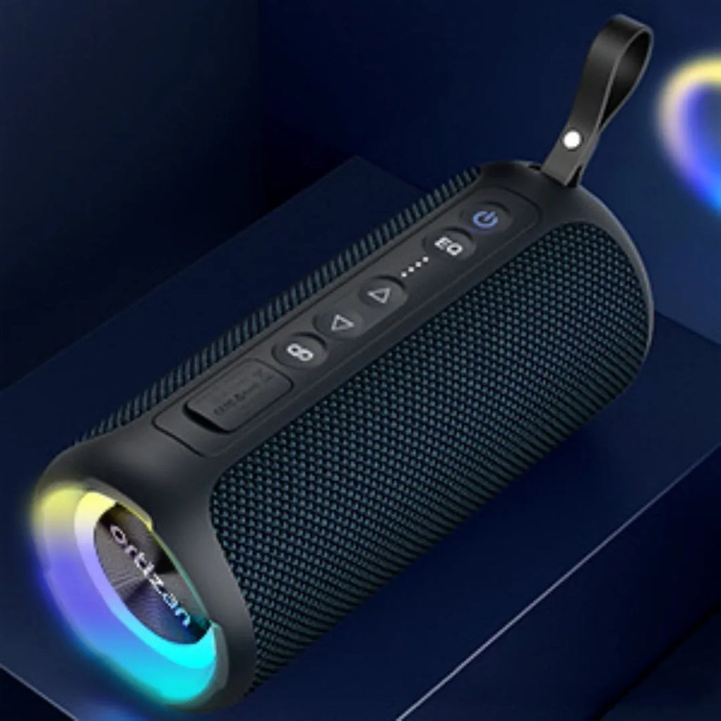 Black and blue fabric wireless Bluetooth speaker with lighting elements and card slot