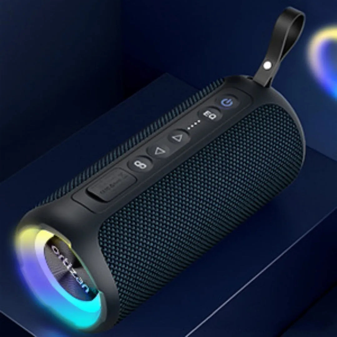 Black and blue fabric wireless Bluetooth speaker with lighting elements and card slot