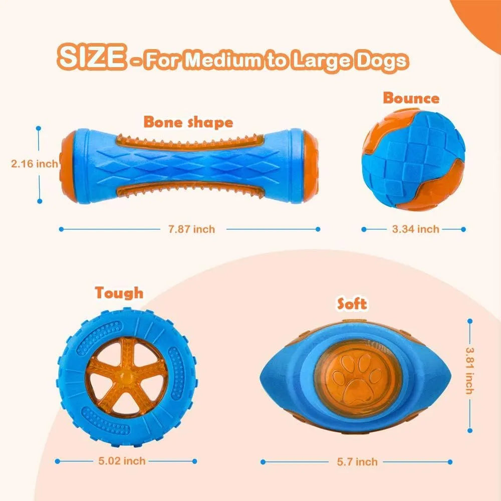 Three floating TPR dog toys: a squeaky ball, barbell, and tyres for water and land play.