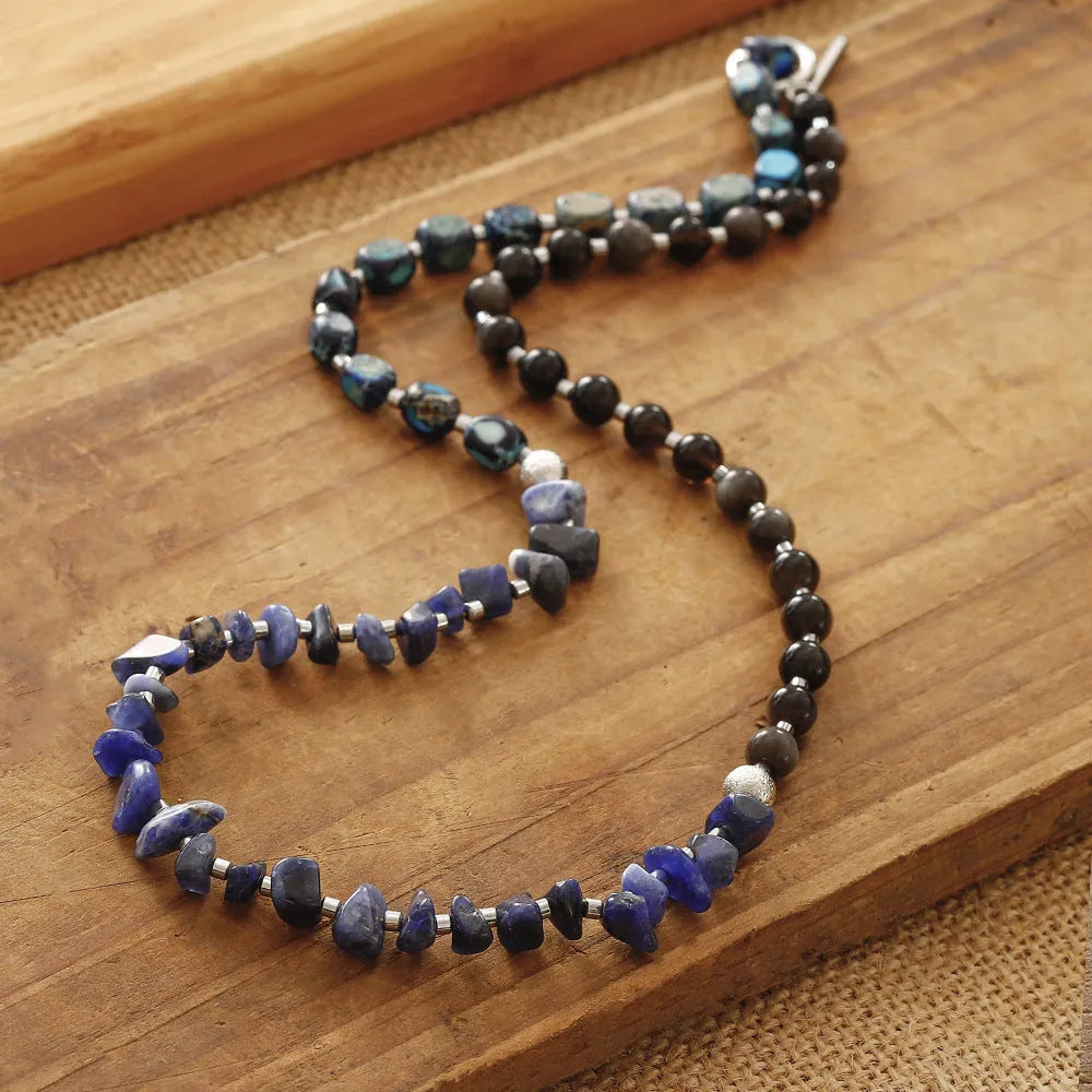 Blue hand-woven multi-layer bracelet with crushed Fang Hui stone and gold obsidian geometric design