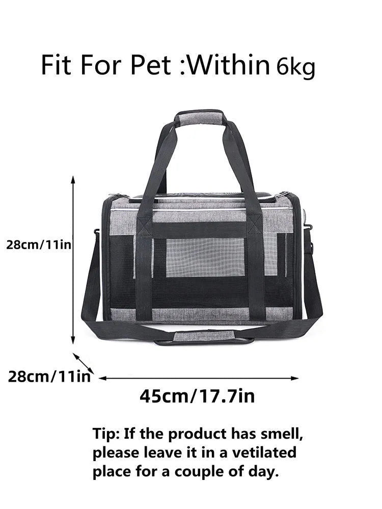 Oxford fabric pet carrier bag measuring 44x29x5cm in grey with blue edge colour