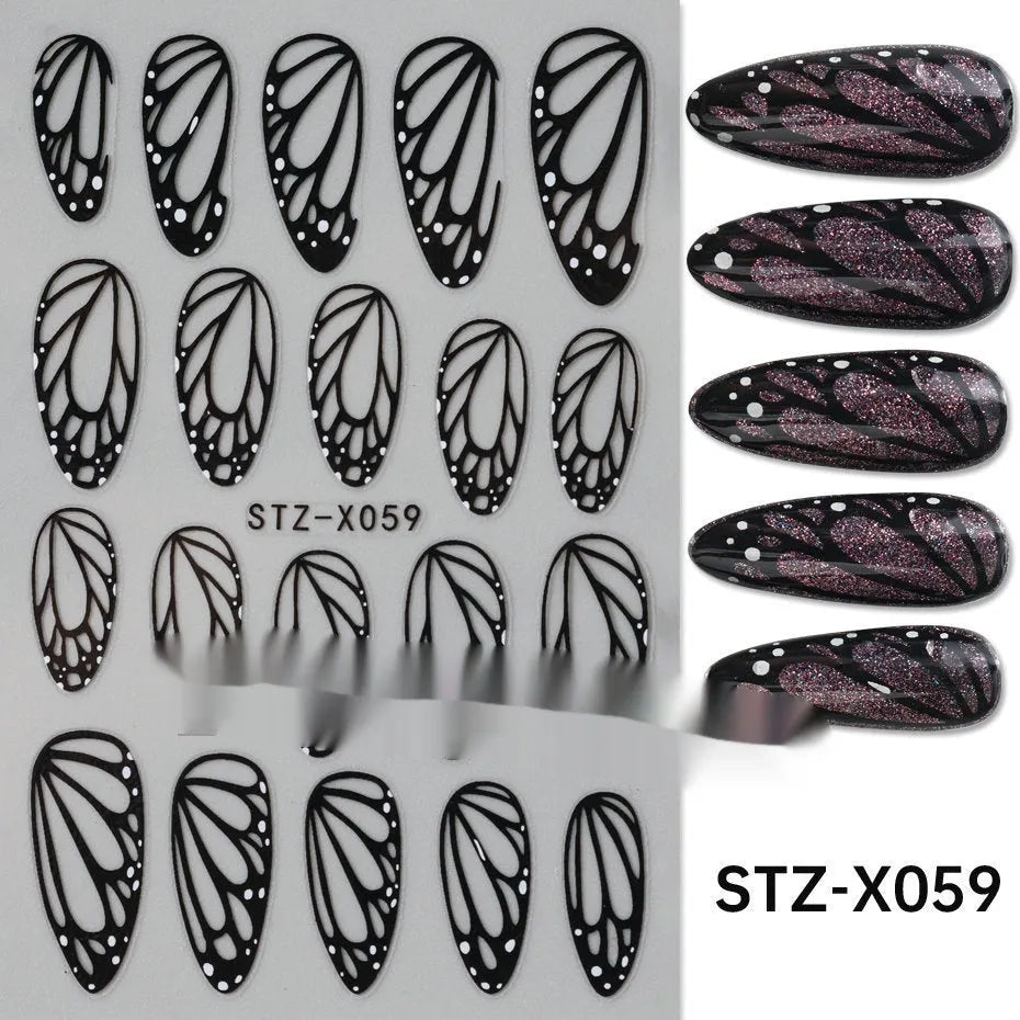 Black and silver stripe nail art sticker with a love pattern design on a plastic sheet.