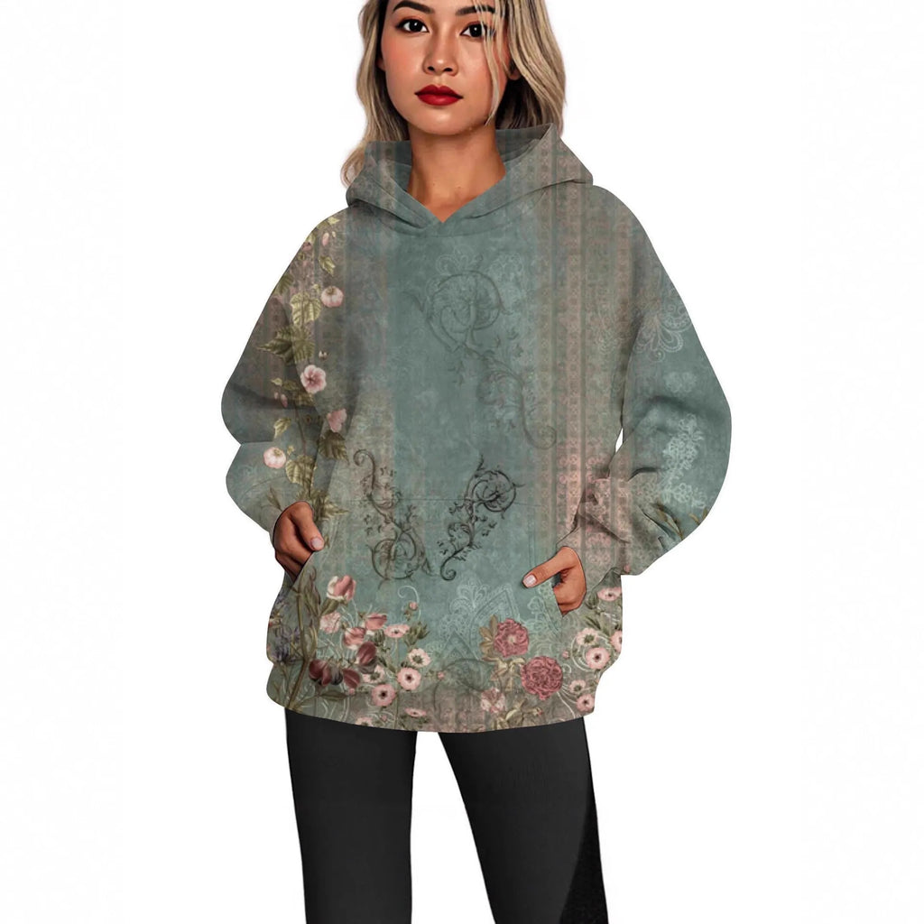 Ladies casual printed hooded top in polyester with hood, multiple colour options and sizes available