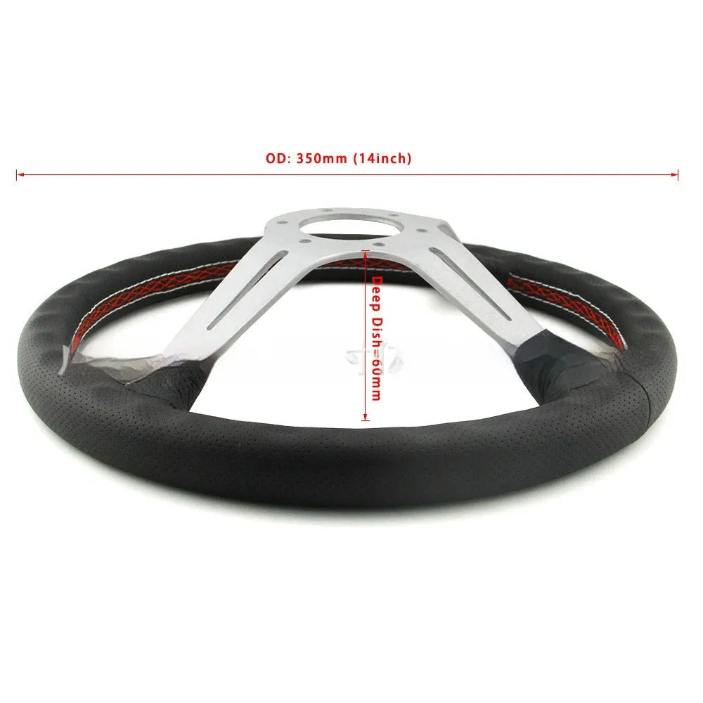 14-inch leather steering wheel with a concave centre section, shown with a silver skeleton frame
