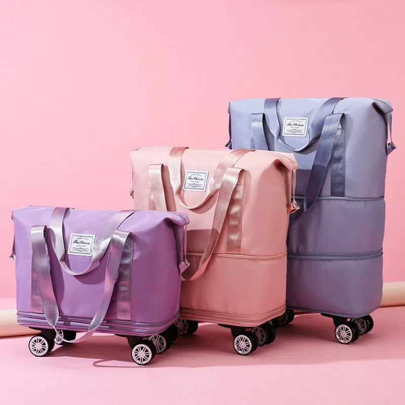 Blue large-capacity travel bag with omnidirectional wheels and Oxford cloth exterior