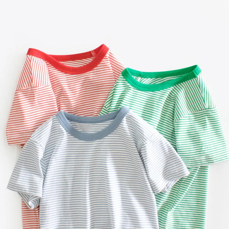 Cotton striped short sleeve baby bottoming shirt for boys in fruit green white, 90-140cm