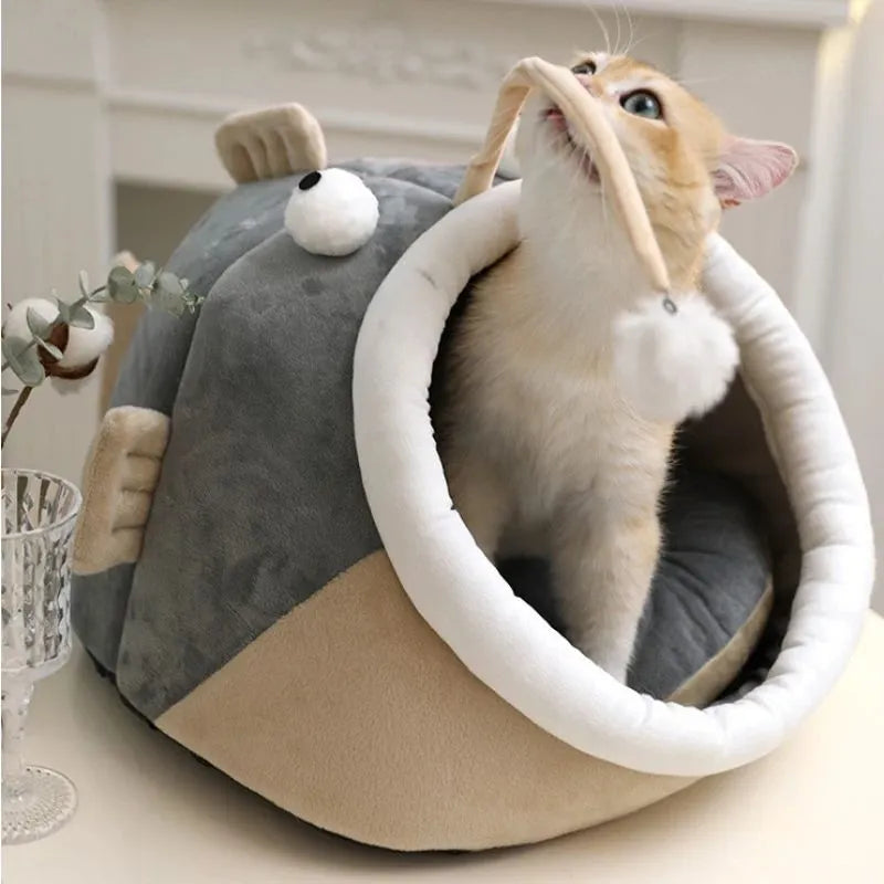 Grey semi-closed deerskin velvet cat bed with lantern fish design, shown in medium size.