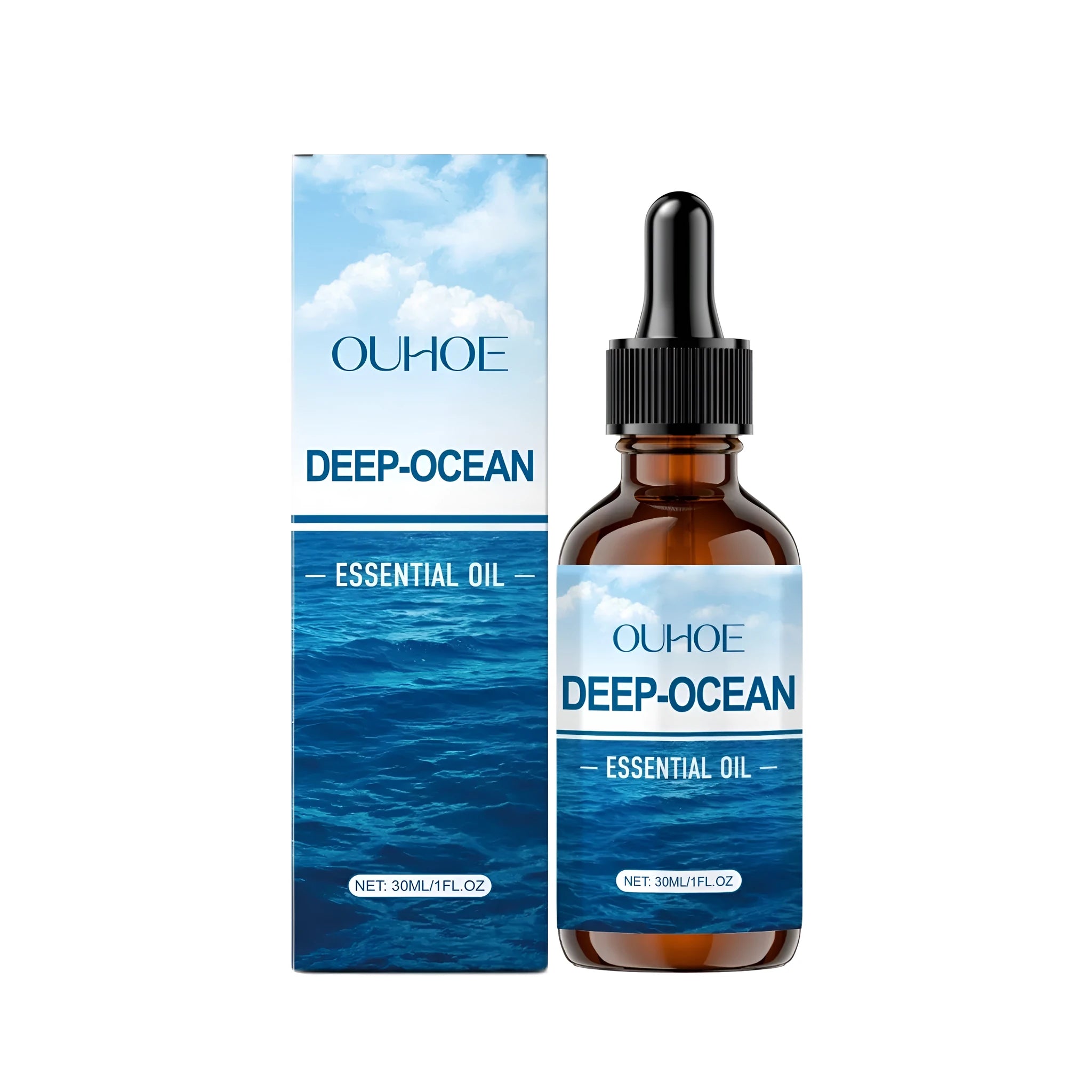 30ml glass bottle of Deep-Ocean Essential Oil with a blue label.