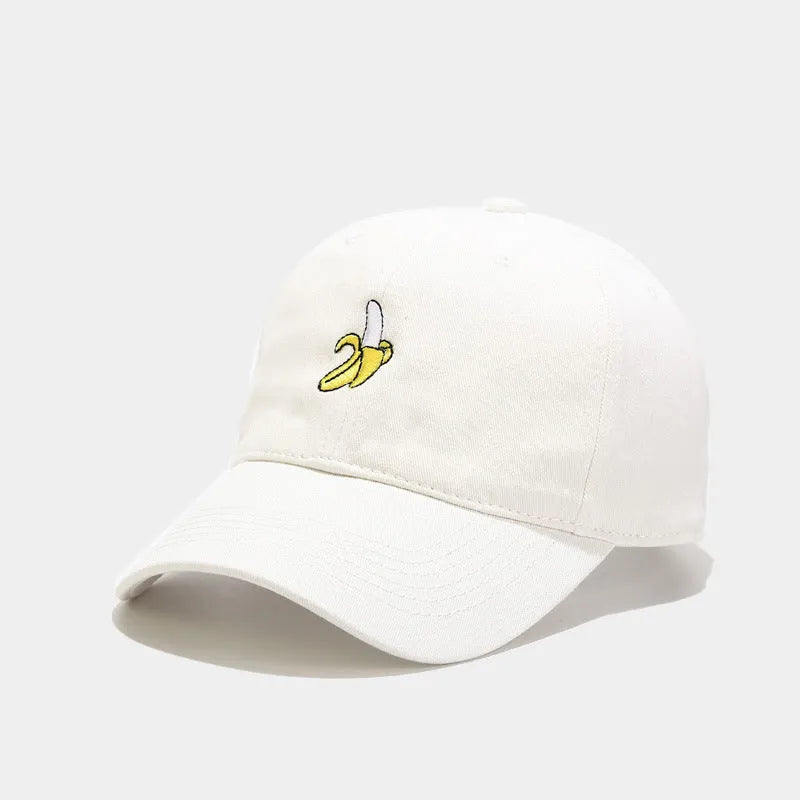 Curved dome crown baseball cap with embroidered banana fruit design in multiple colours
