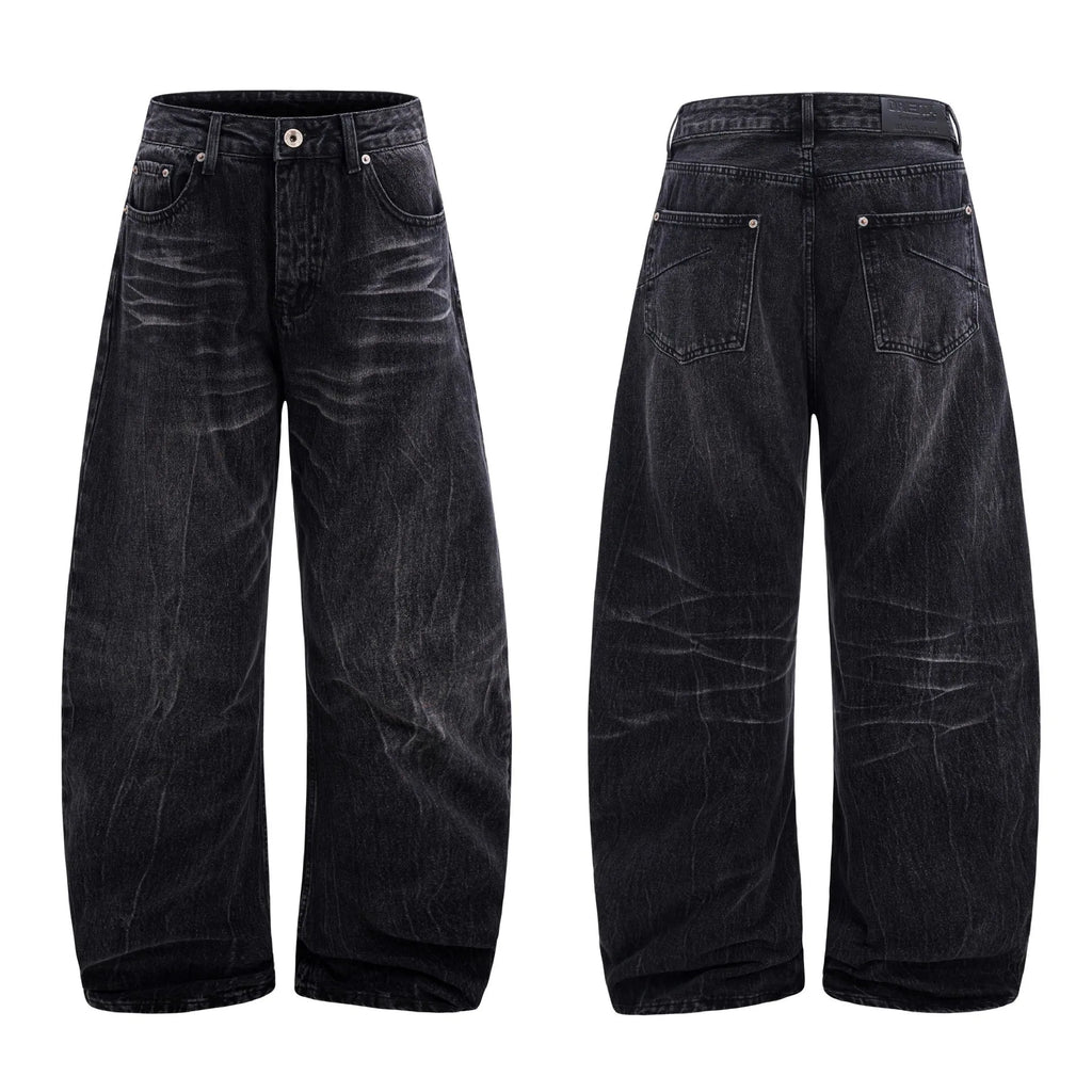 Men's black straight-leg jeans with lightning crack pattern on American washed denim