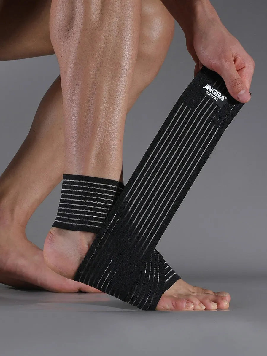 Adjustable black and khaki sports ankle support bandage for running and fitness