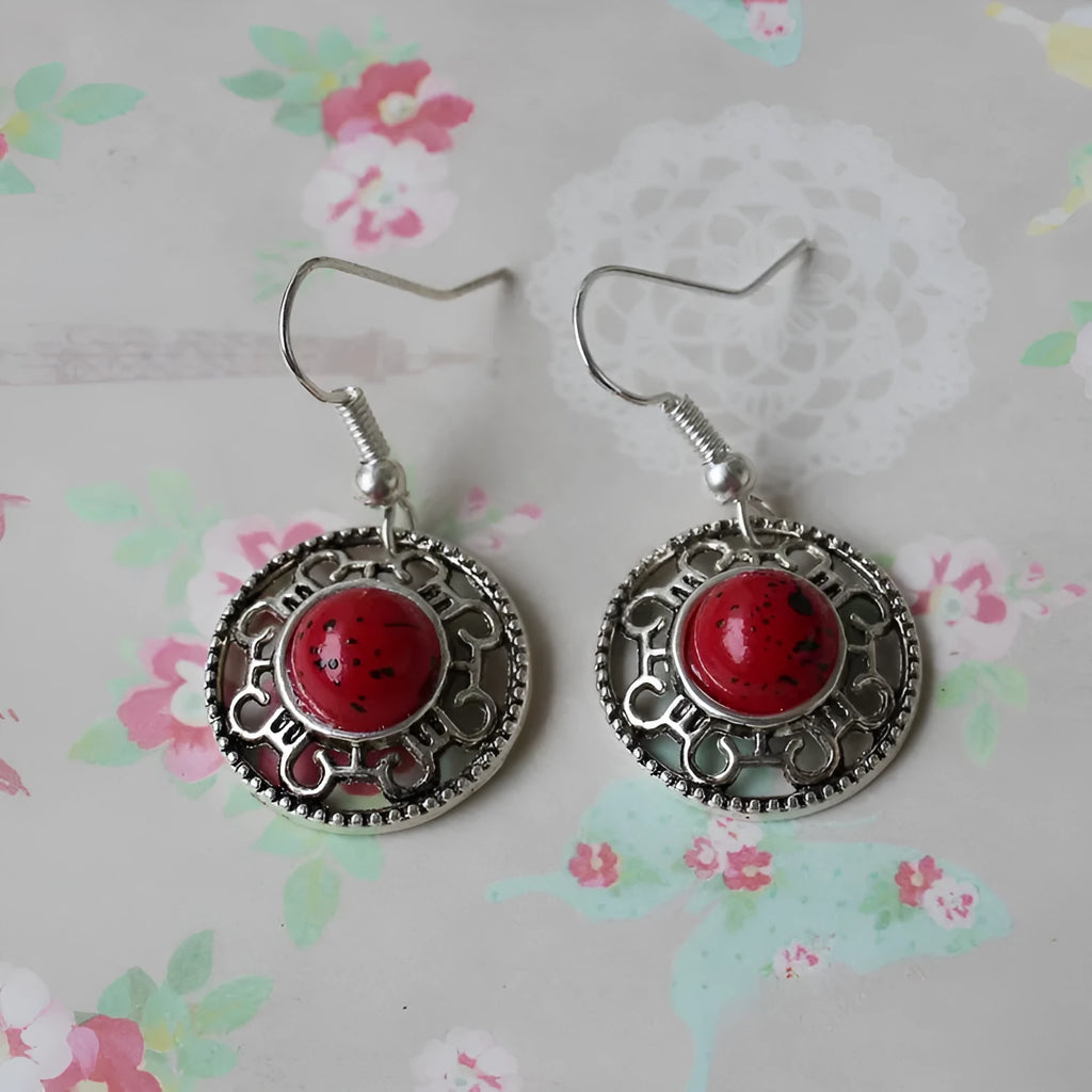 Miao silver retro turquoise flower disk earrings with geometric ethnic design in red, blue, or black colours
