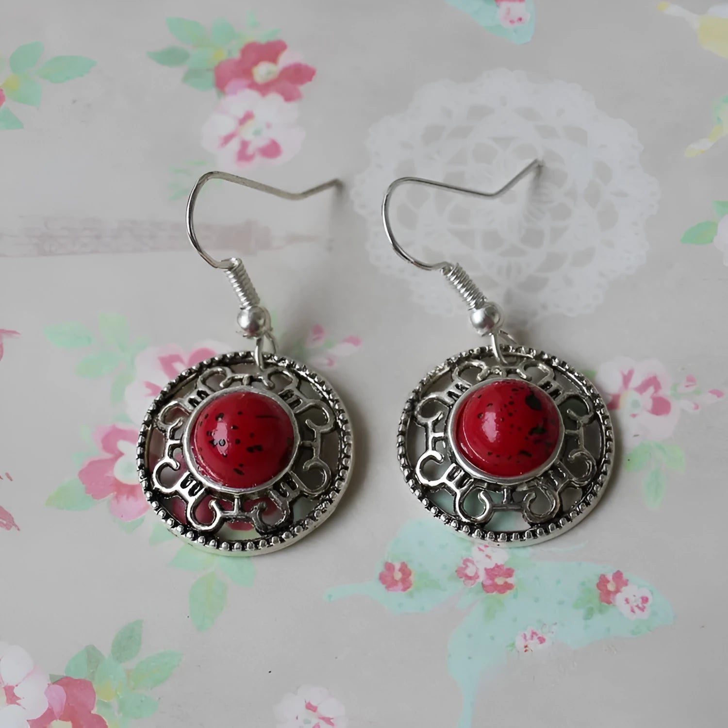 Miao silver retro turquoise flower disk earrings with geometric ethnic design in red, blue, or black colours