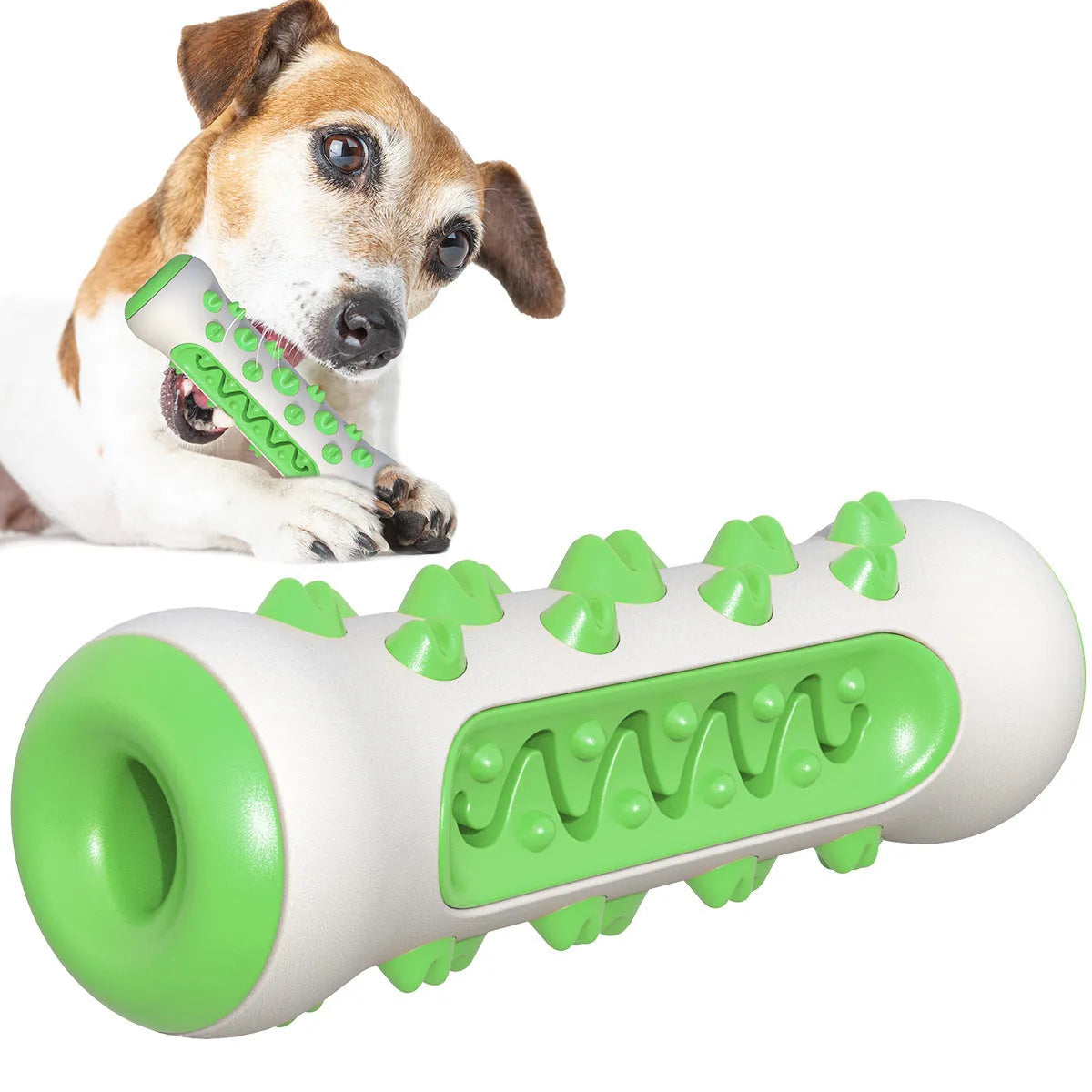 Natural rubber dog toothbrush chew toy in blue, showing textured surface for dental cleaning.